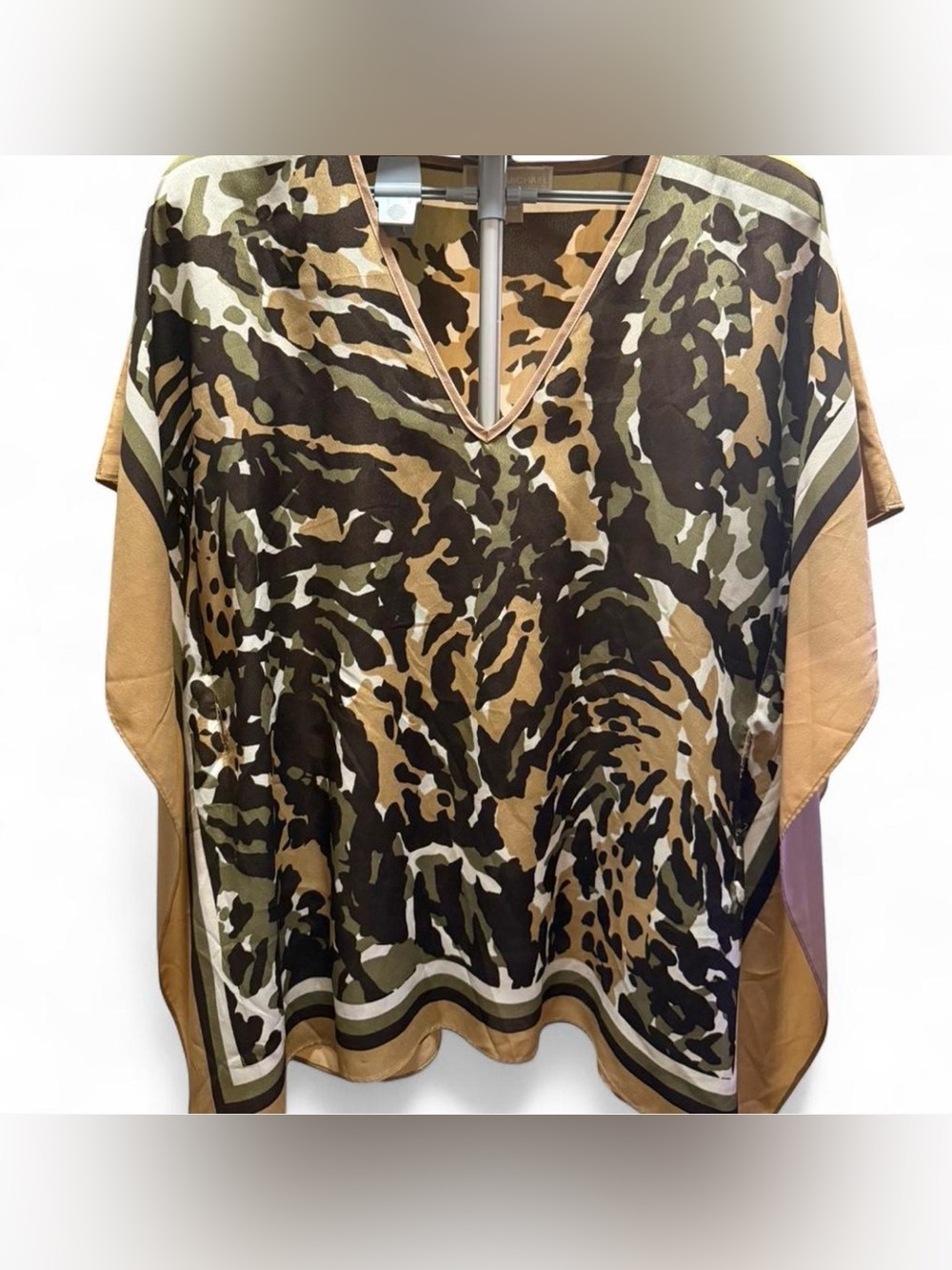 Women's V-Neck Camo Print tunic  Top - Tan/Olive/Black